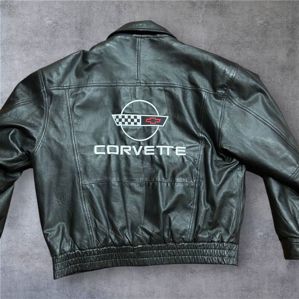 Chevrolet Corvette Vintage Full Zip Soft Genuine Leather Bomber Jacket Men's M